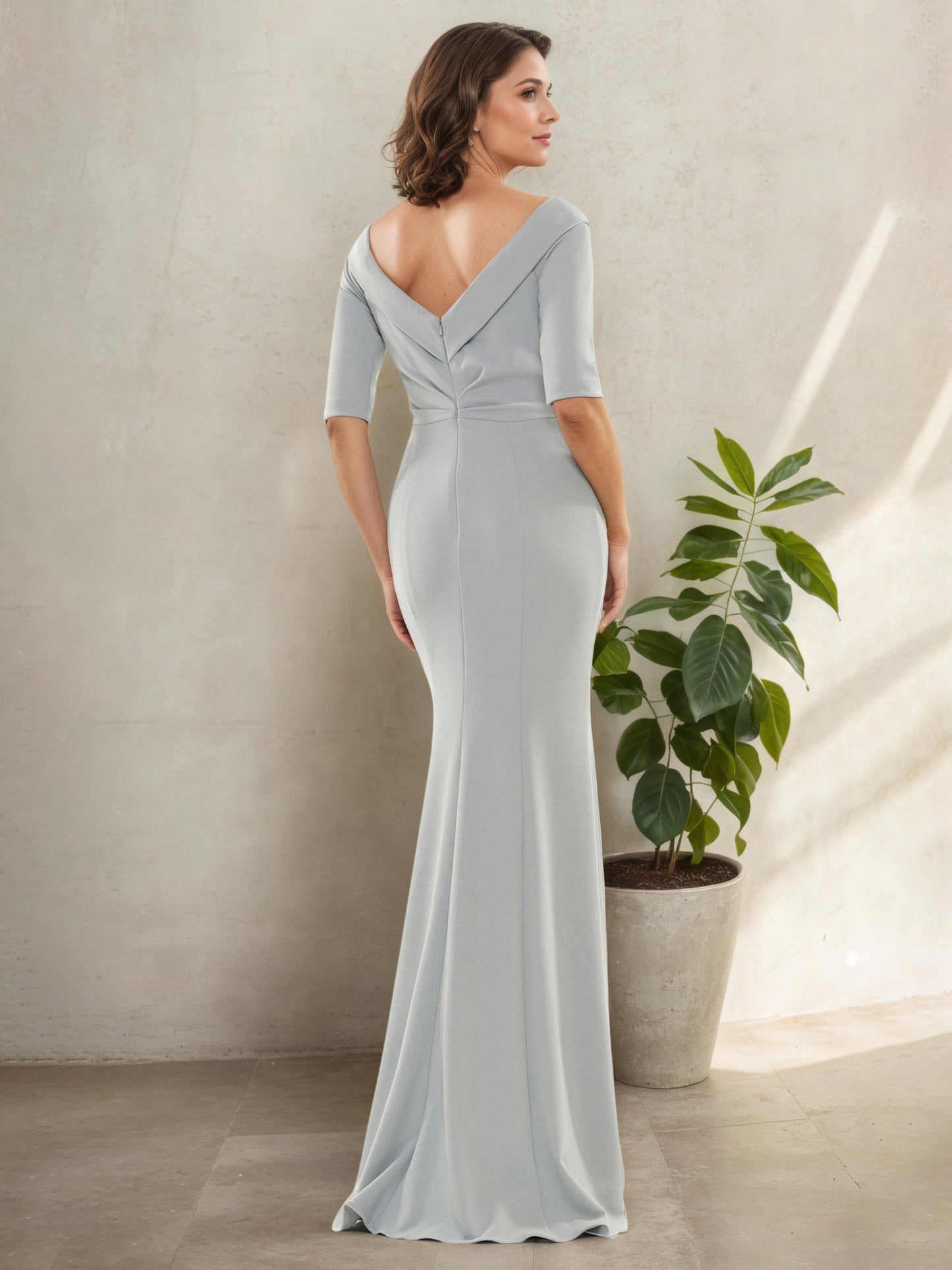 Half Sleeves V-Neck Silver Beading Mother Of The Bride Dress