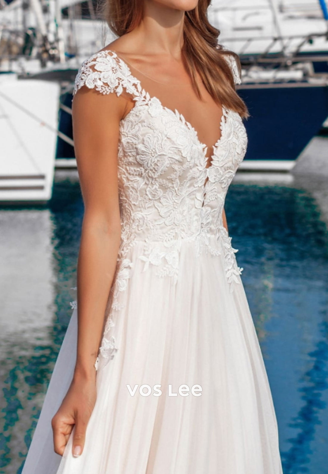 Classic & Timeless A-Line Cap Sleeves V Neck Appliques Lace Pleated Wedding Dresses