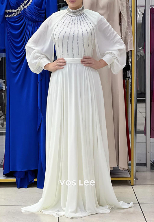 A-Line Long Sleeves High Neck Rhinestone Embellished Pleated Evening Dresses