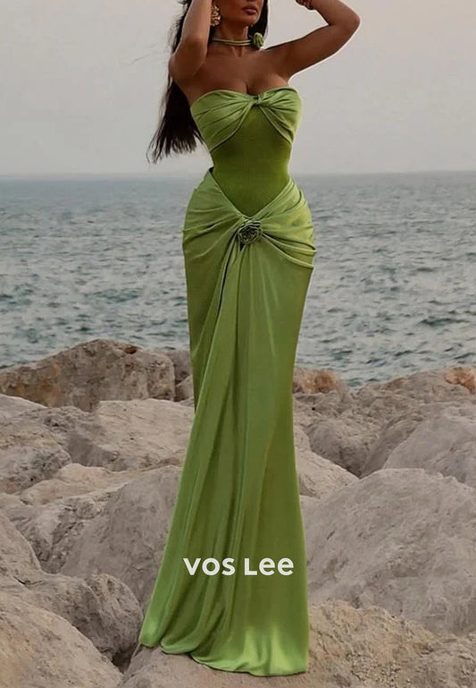 Sexy  Strapless Sweetheart Flowers Pleated Mermaid Prom Dresses with Sweep Train