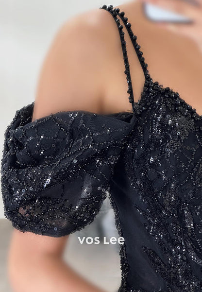 A-Line Short Sleeve Spaghetti Straps Fully Beaded Evening Dresses with Court Train
