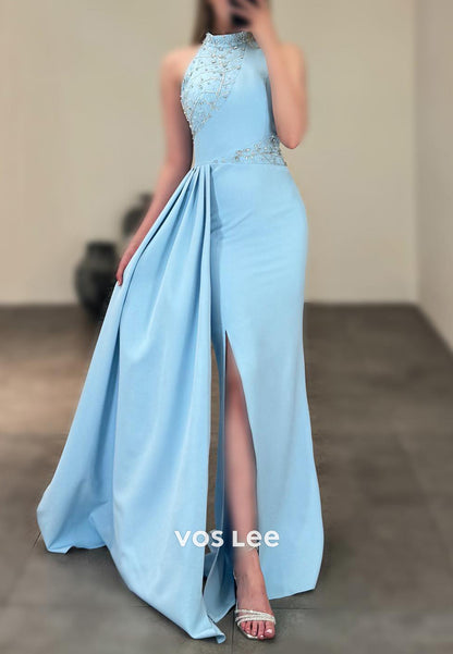 Halter Rhinestone Beading Embellished Floor-Length Mermaid Evening Dresses with Side Spilt