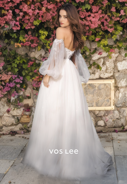 A-Line Sweetheart  Long Sleeves Tulle Wedding Dress/Beach Wedding Dress