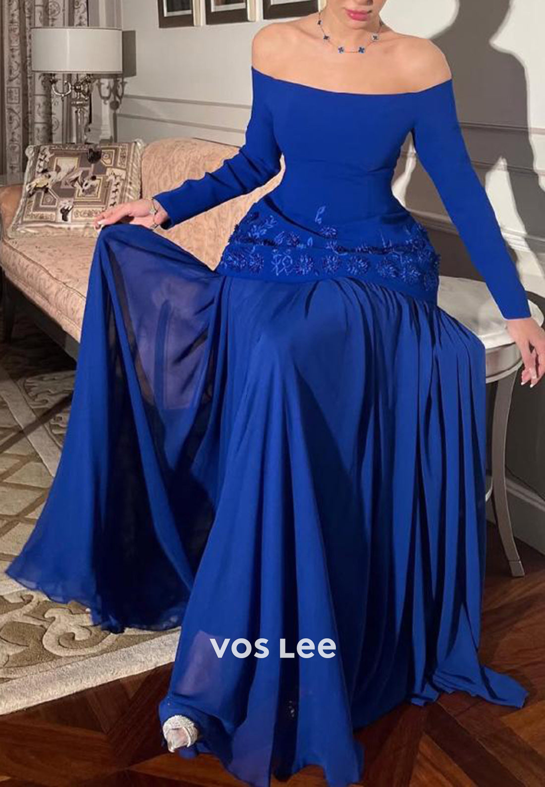 A-Line Long Sleeve Off the Shoulder Floor-Length Evening Dresses  Formal Dresses