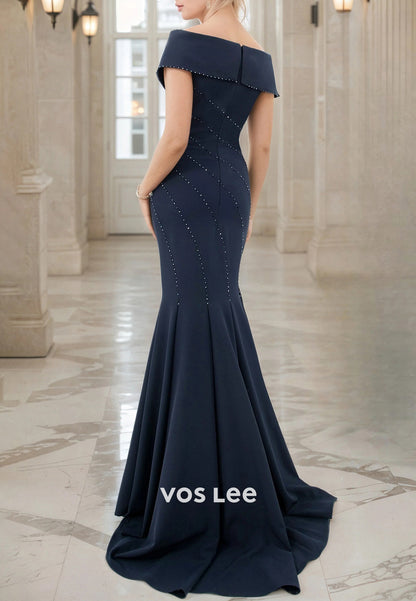 Luxurious Off the Shoulder Pleated Trumpet Mother of Bride Dresses with Sweep Train