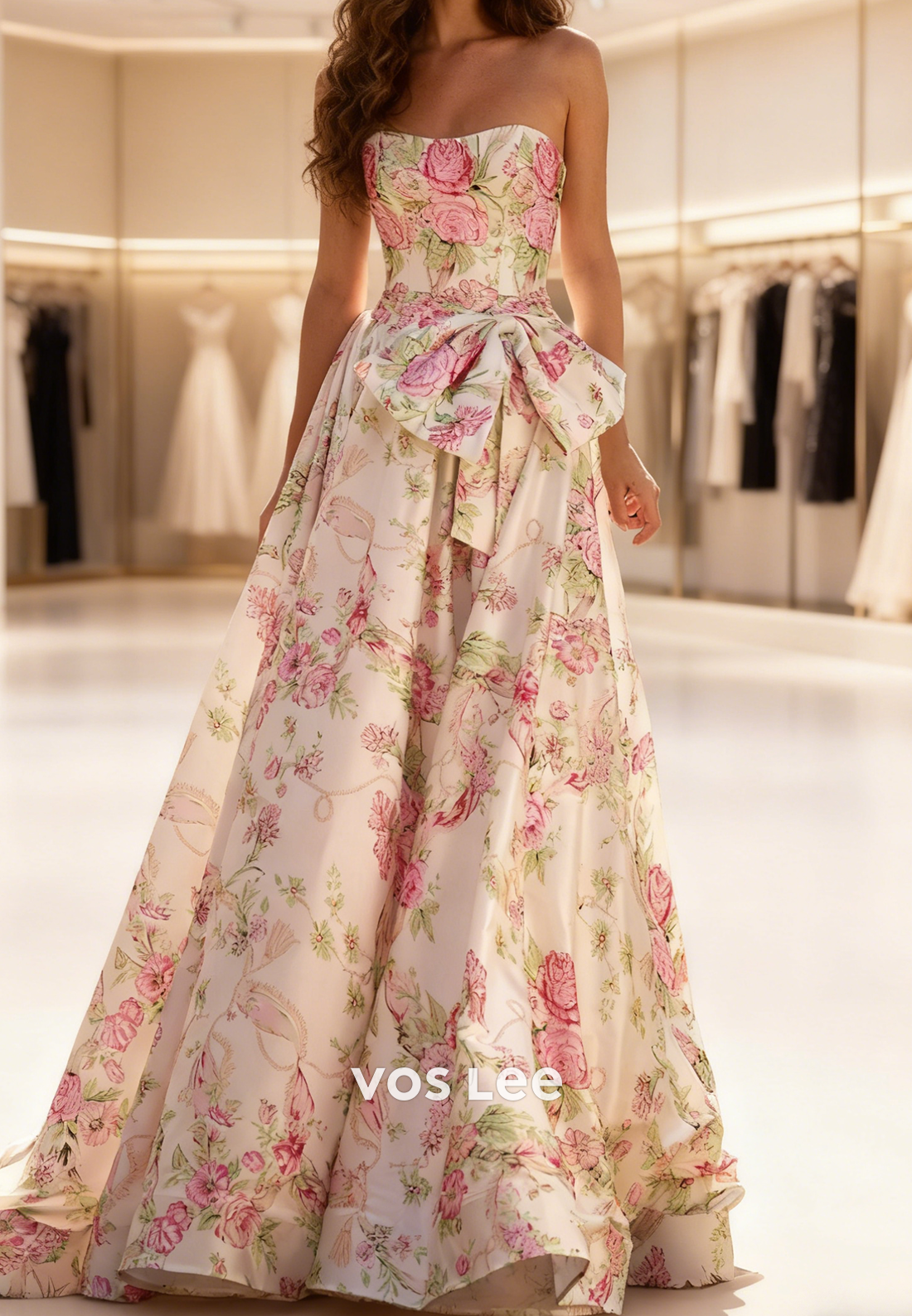 Flower Print Sweetheart A-line Long Prom Dresse With Bow