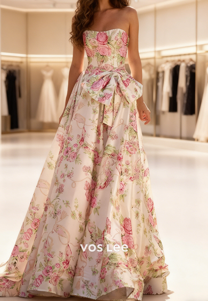 Flower Print Sweetheart A-line Long Prom Dresse With Bow