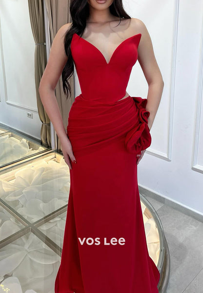 Sexy & Hot V Neck Strapless Flowers Pleated Mermaid Floor-Length Evening Dresses
