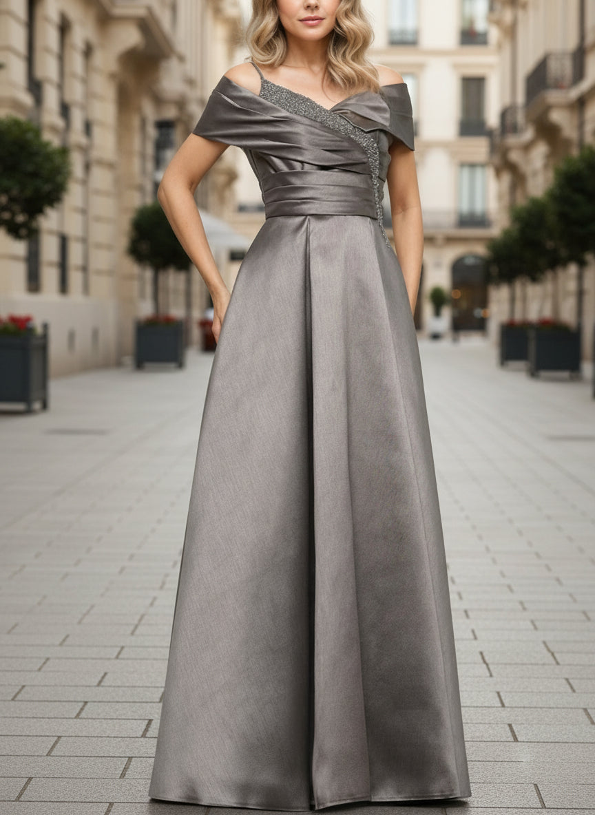 Satin Taupe Straps A-Line Mother Of The Bride Dress