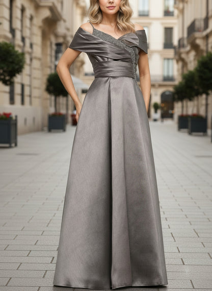 Satin Taupe Straps A-Line Mother Of The Bride Dress