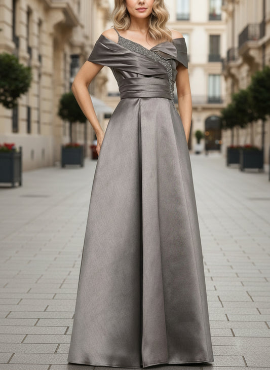 Satin Taupe Straps A-Line Mother Of The Bride Dress