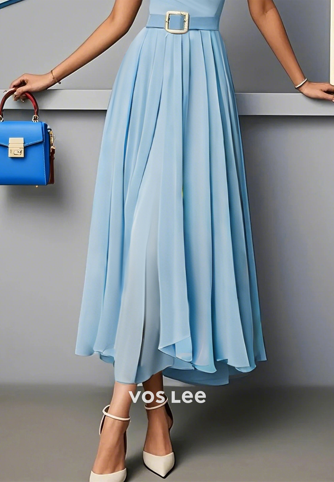 Chiffon A-Line Sweetheart Cap Sleeves Pleated Tea-Length Wedding Guest Dresses
