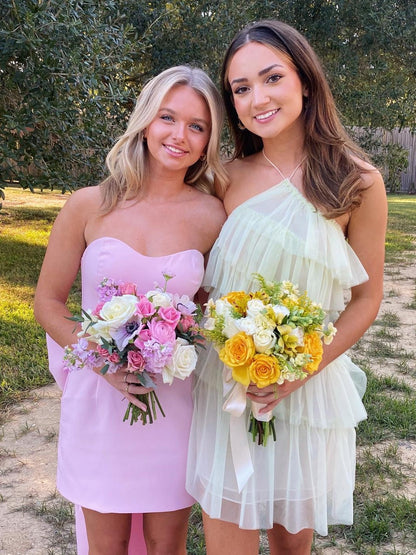 Cute Sheath Sweetheart Pink Satin Short Homecoming Dress with Bowknot
