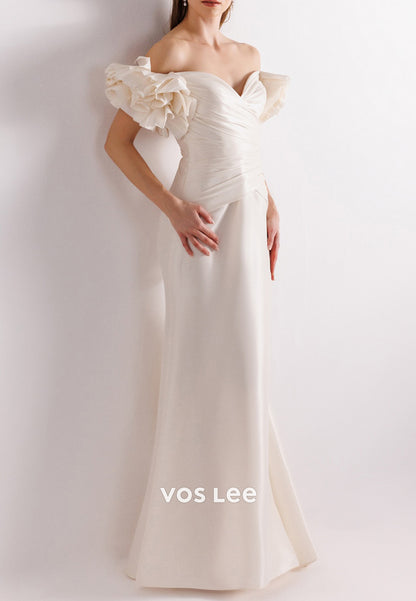 Off the Shoulder Sweetheart Pleated Sheath Floor-Length Evening Dresses Formal Dresses