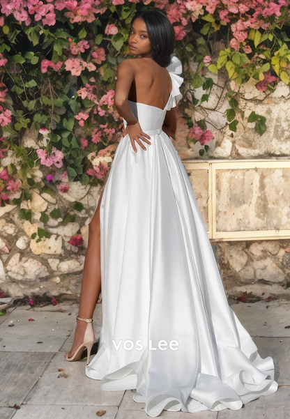 A-Line One Shoulder Pleated Satin Wedding Dress with High Slit