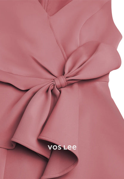 Regular Straps V Neck Pleated Bowknot Knee-Length Sheath Wedding Guest Dresses