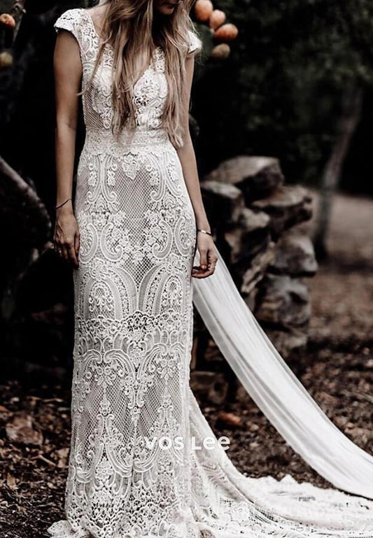 Illusion & Sheer Cap Sleeves Appliques Lace Mermaid Wedding Dresses with Sweep Train
