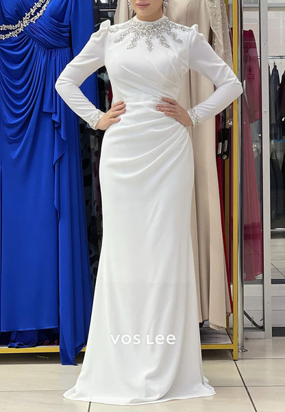 Long Sleeves High Neck Rhinestone Embellished Floor-Length Sheath Evening Dresses