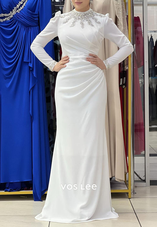 Long Sleeves High Neck Rhinestone Embellished Floor-Length Sheath Evening Dresses
