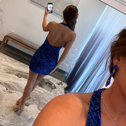 Bling Sheath Deep V Neck Royal Blue Sequins Short Homecoming Dress with Open Back