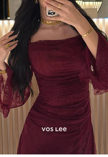 Sparkle & Shine Burgundy Allover Lace Ankle-Length Pleated Sheath Evening Dresses