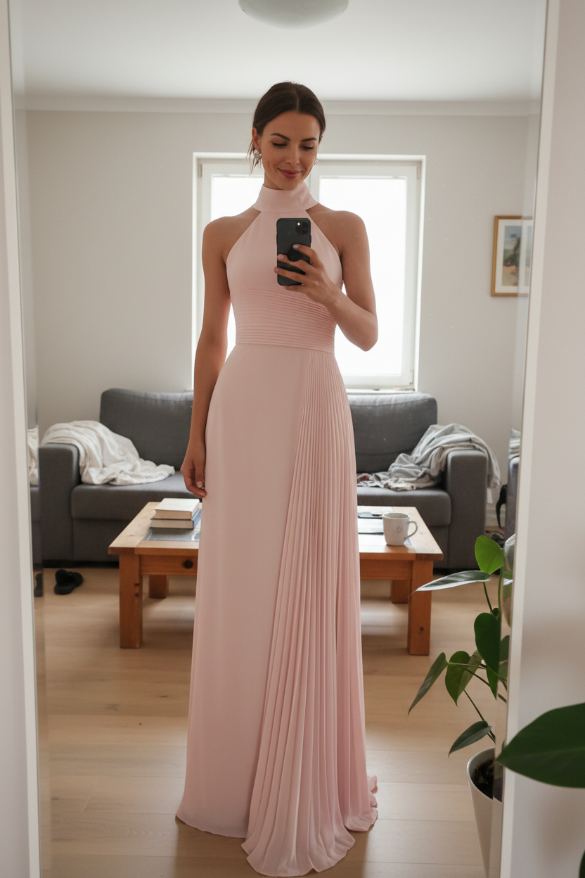 Halter-Neck Sleeveless Satin Pleated Evening Dress – VOS LEE