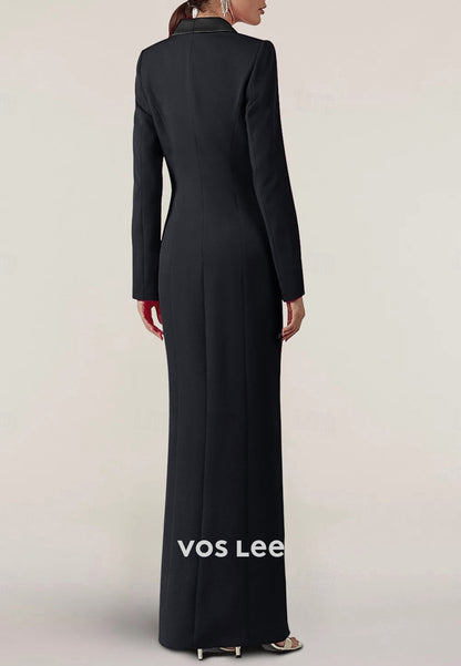A-Line Long Sleeve V Neck Floor-Length Pleated Wedding Guest Dresses with High Split