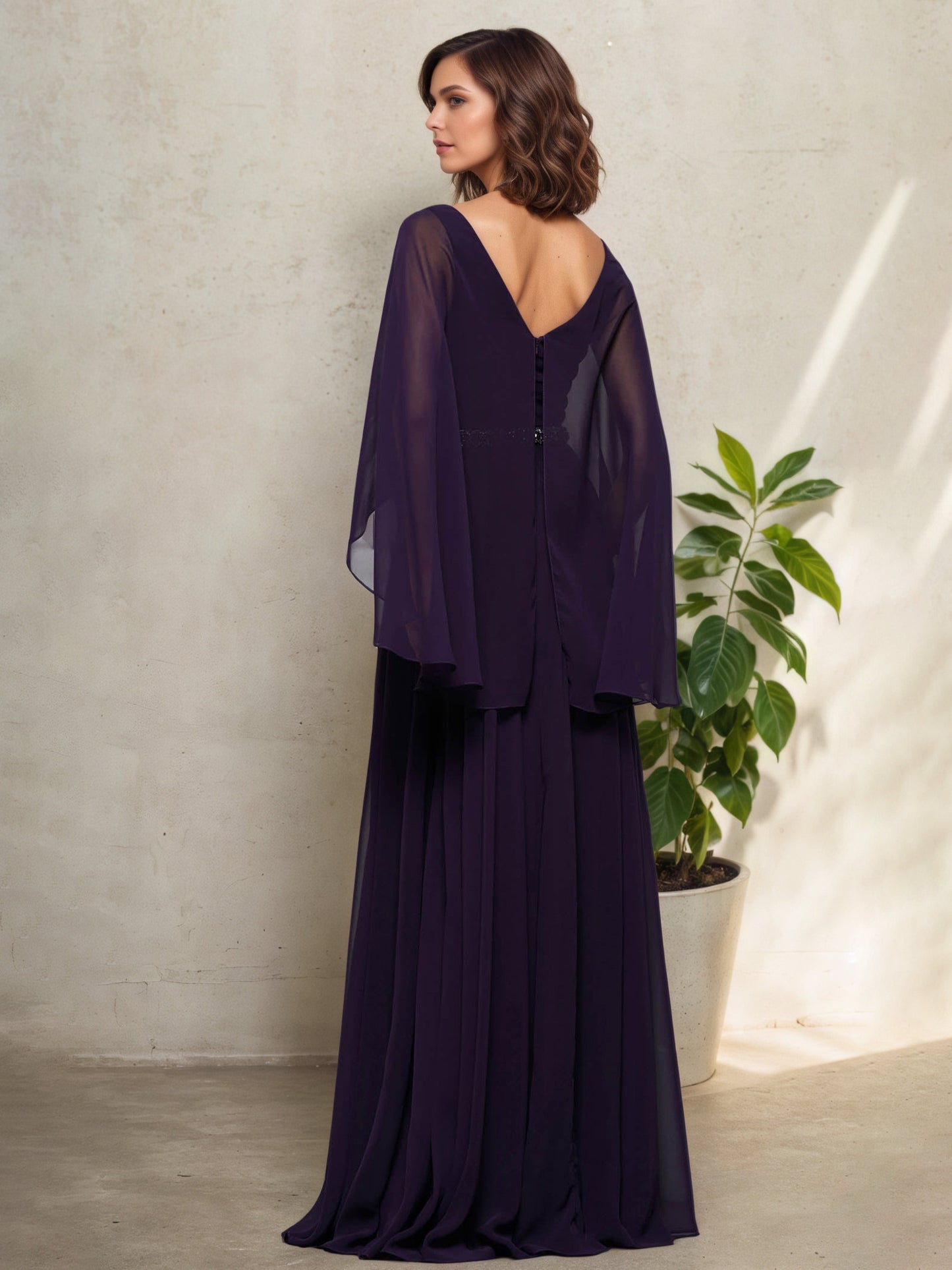 Floor Length V-Neck Aubergine A-Line Mother Of The Bride Dress with Shawl