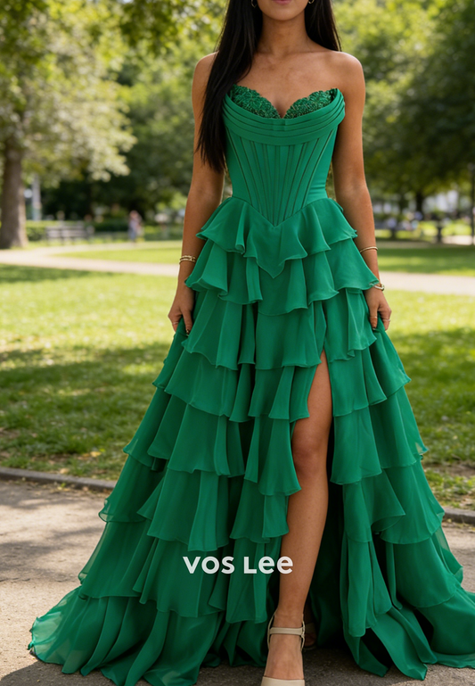 Green Sweetheart Chiffon Ruffled A Line Formal Prom Dresses