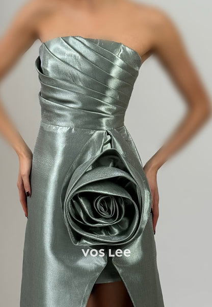 Sparkling Strapless Pleated Flowers Floor-Length Sheath Prom Dresses with High Split