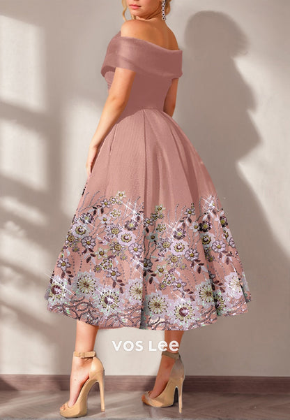 A-Line Sleeveless Off the Shoulder Floral Embellished Tea-Length Evening Dresses