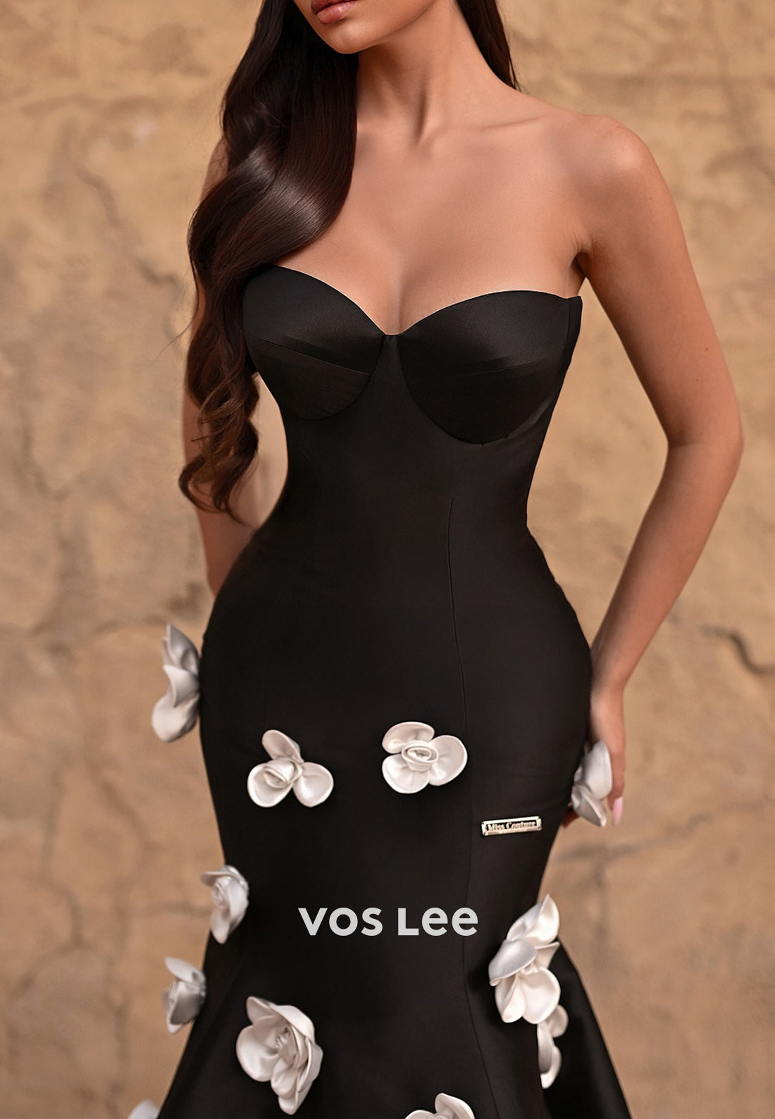 Black Strapless Sweetheart Floral Embellished Mermaid Evening Dresses with Court Train