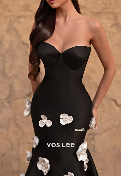 Black Strapless Sweetheart Floral Embellished Mermaid Evening Dresses with Court Train