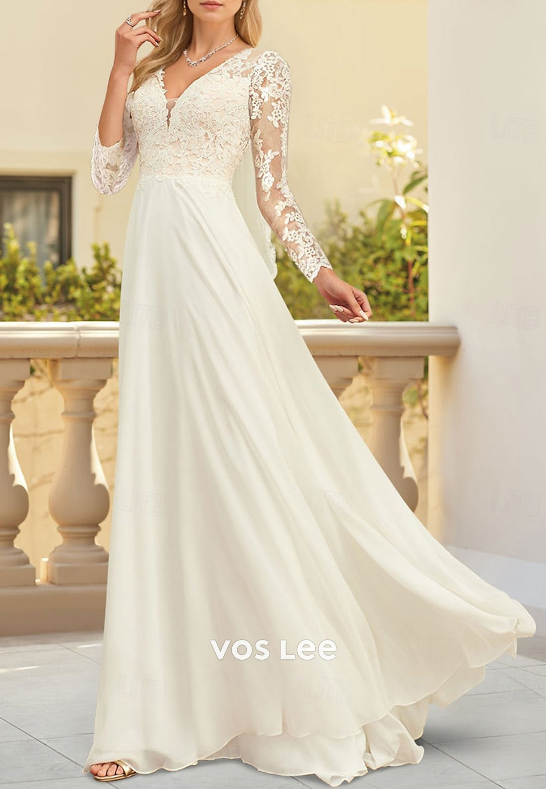 Simple Long Sleeve V Neck Appliques Lace Pleated Floor-Length Wedding Dresses