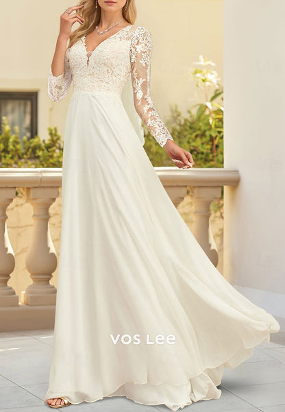 Simple Long Sleeve V Neck Appliques Lace Pleated Floor-Length Wedding Dresses