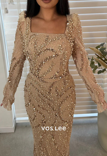 Glamorous & Dramatic Bell Sleeves Square Mermaid Evening Dresses with Sweep Train