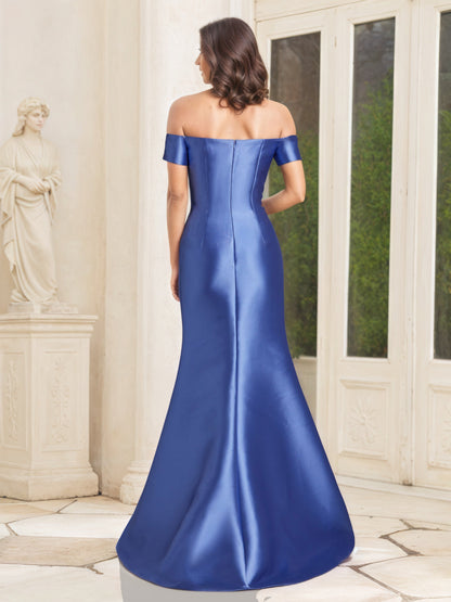 Illusion Satin Ruffle Bodice Off The Shoulder Blue Mother Of The Bride Dress with Split