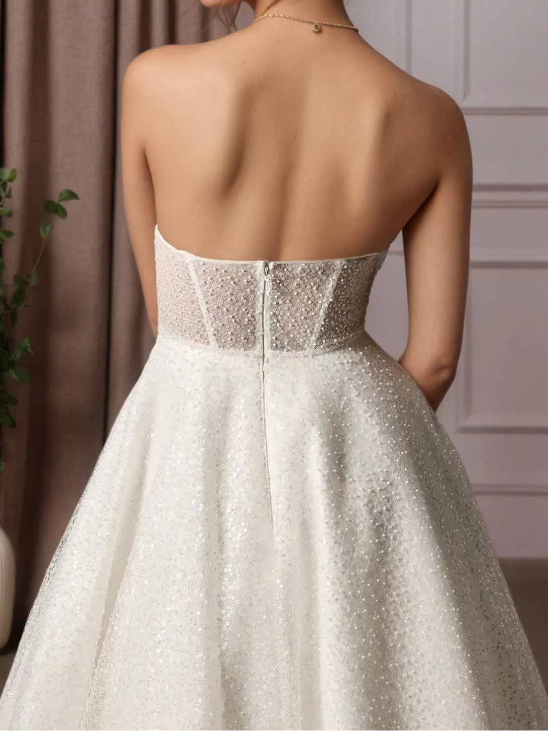 Sparkling White Sweetheart A-Line Strapless Beading Midi Wedding Dress