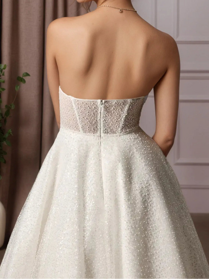 Sparkling White Sweetheart A-Line Strapless Beading Midi Wedding Dress