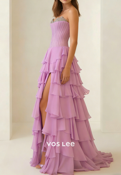 Beading Sweetheart Chiffon Ruffled A Line Formal Prom Dresses With Split