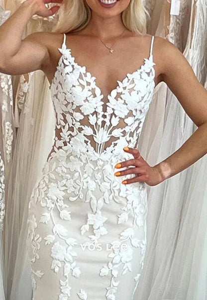 Spaghetti Straps V Neck Appliques Lace Mermaid Wedding Dresses
