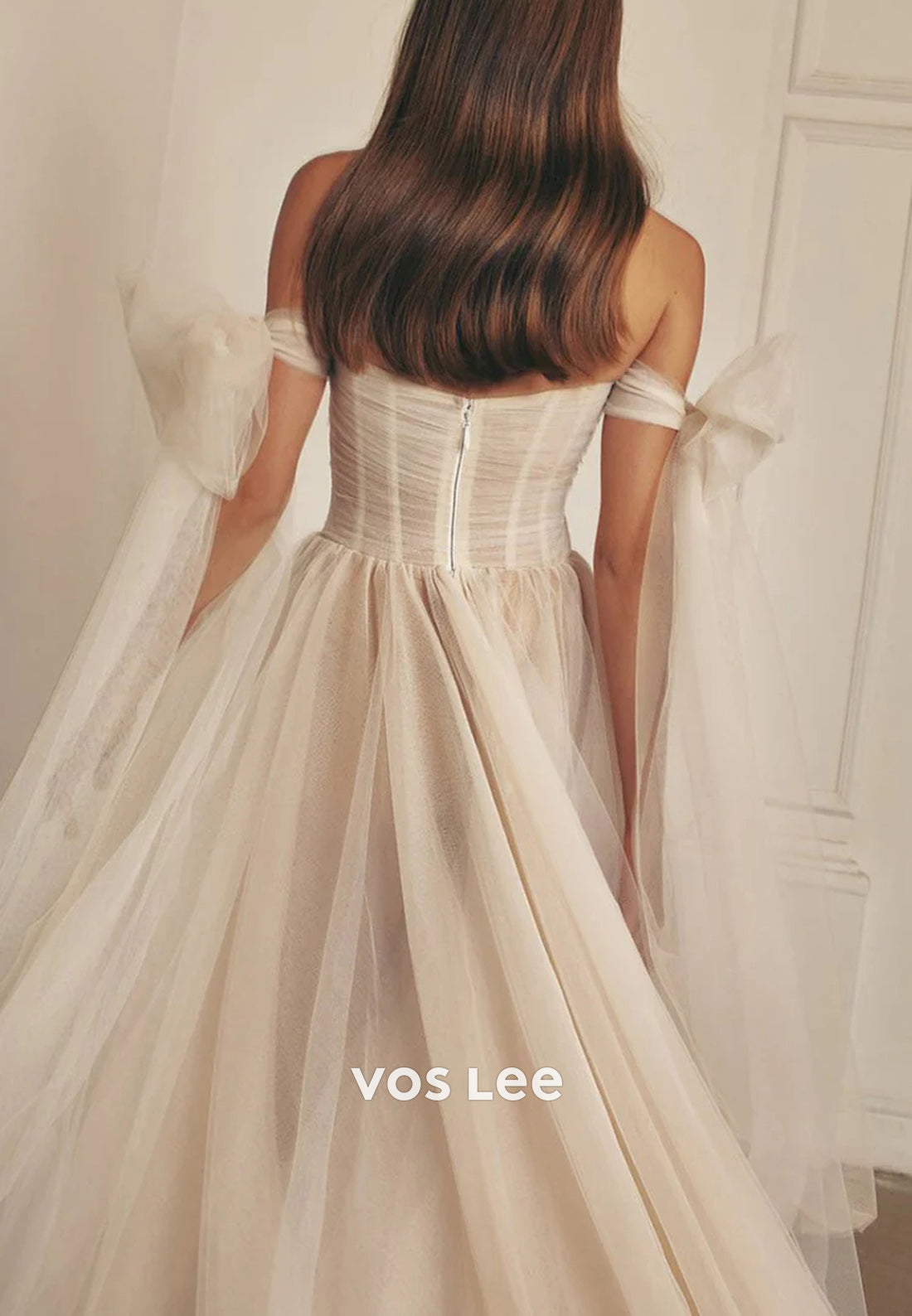 A-Line Off the Shoulder Bowknot Sweetheart Pleated Beach Wedding Dresses with High Split