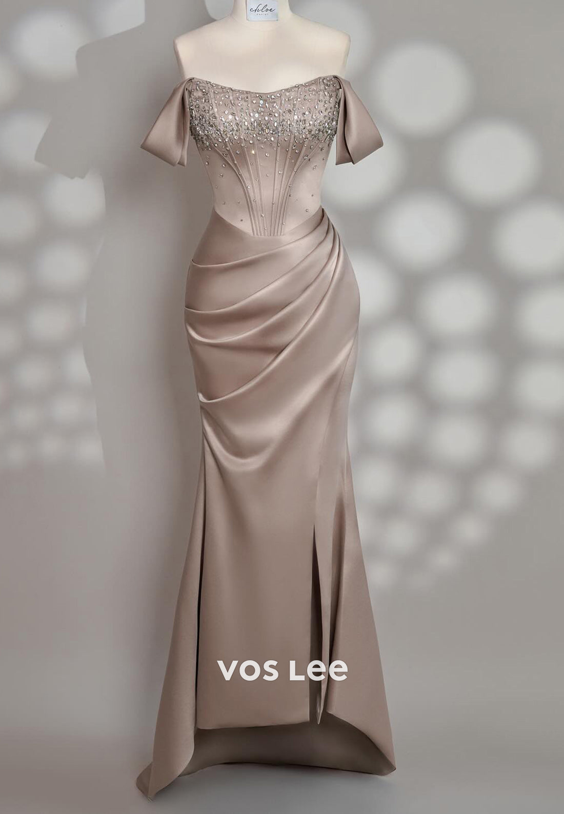 Off the Shoulder Pleated Rhinestone Mermaid Evening Dresses with Sweep Train