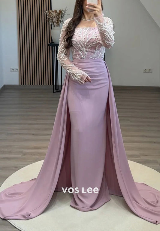 Long Sleeve Sequins Beaded Square Pleated Mermaid Evening Dresses with Court Train