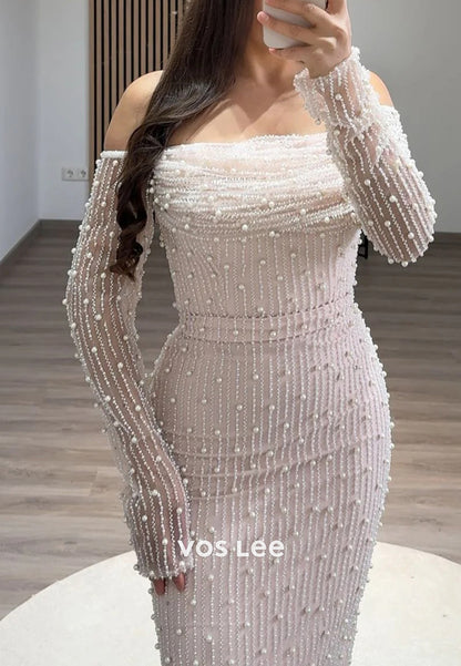 Long Sleeve Off-Shoulder Pearls Beaded Lace Mermaid Evening Dresses with Split