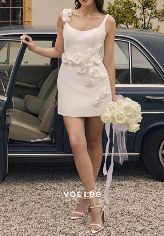 Mini & Short A-Line Spaghetti Straps Scoop Flowers Appliqued Beach Wedding Dresses