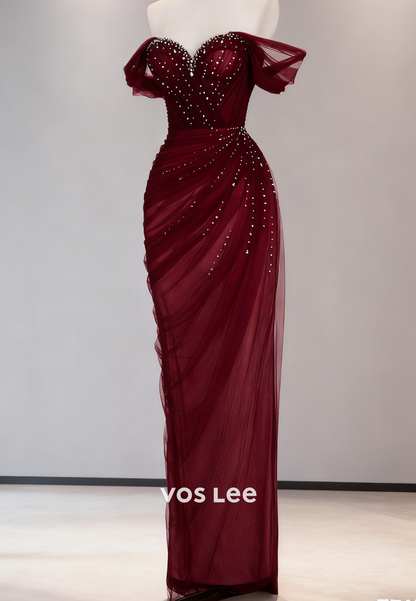 Off the Shoulder Crystals Pleat Evening Gowns