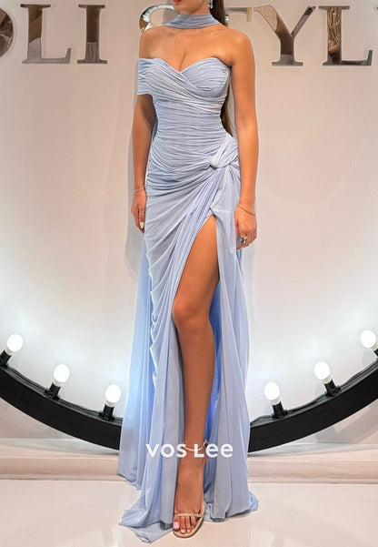 Sky Blue One Shoulder Mermaid Pleated Prom Dresses with High Split