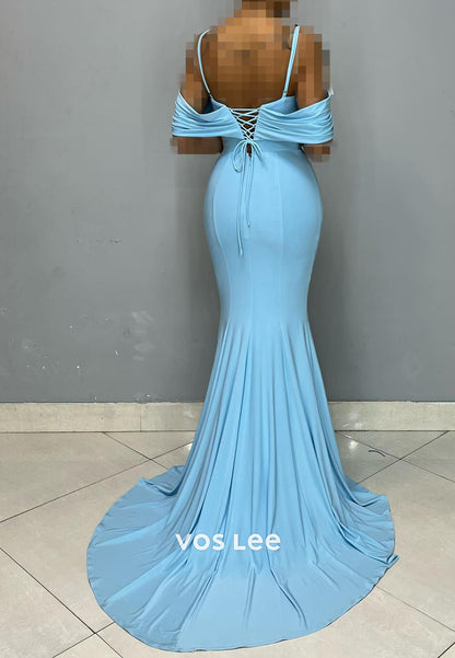 Off the Shoulder Spaghetti Straps Rhinestone Mermaid Evening Dresses with Sweep Train
