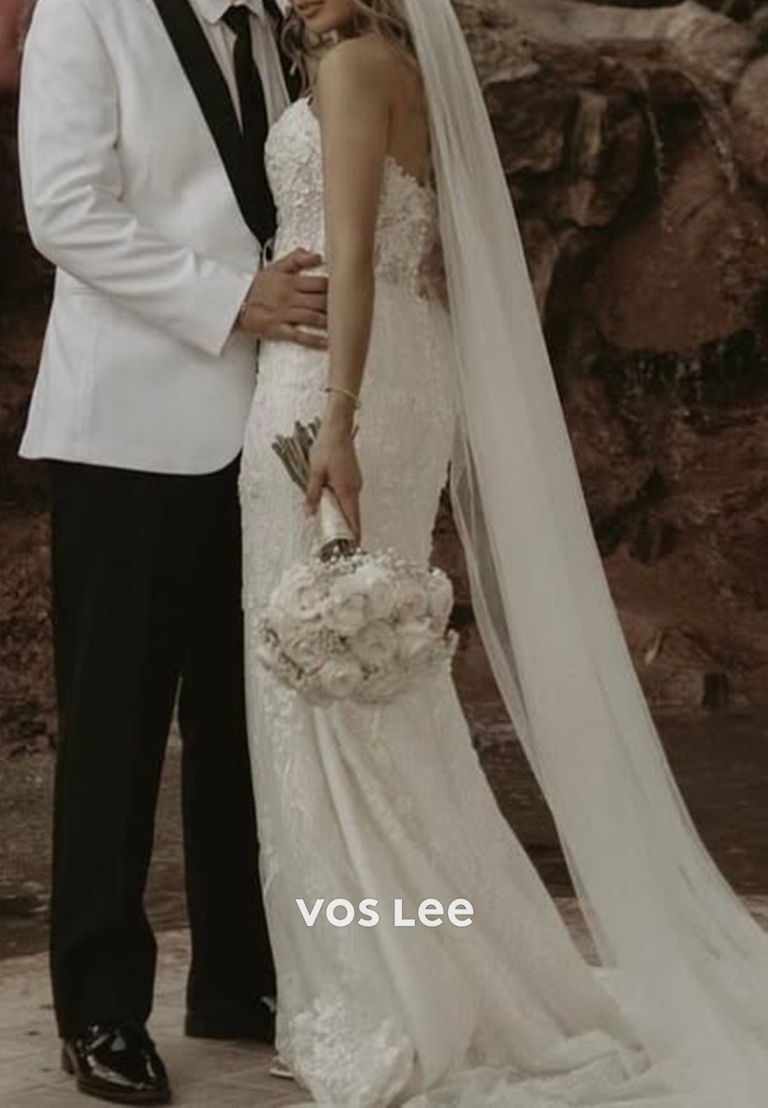 Strapless Sweetheart Lace Appliques Pleated Beach Mermaid Wedding Dresses with Court Train